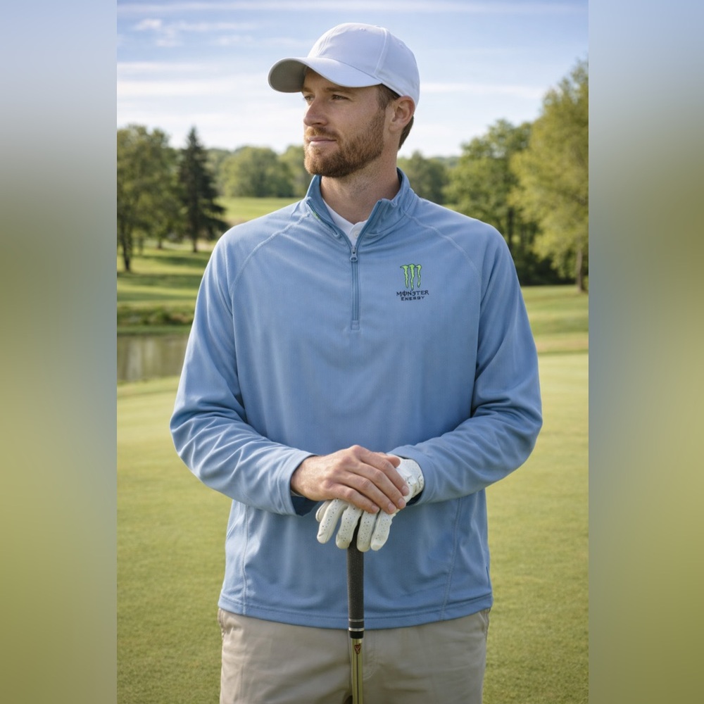 Monster, Candy Shack Light Blue Quarter-Zip Golf Pullover with Green Logo